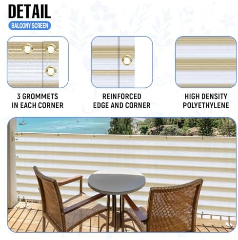 E&K Sunrise 3' x 203' Balcony Privacy Fence Screen Cover with Zip Ties Outdoor Screen Fence UV Protection for Deck Patio Backyard Apartment Pool Porch (Beige White Strip) - Image 4