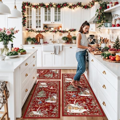 3-Piece Christmas Rug Set for Kitchen: Red Washable Throw Kitchen Mat Low Pile Soft Non-Slip with Rubber Backing for Sink Floor Mat ＆Holiday, Hallway, Entryway - Image 3