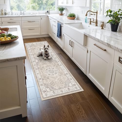 Washable 2x5 Hallway Runner Rug: Vintage Water Resistant Kitchen Entryway Rug Ultra Soft Living Room Bedroom Carpet with Non Slip Backing Indoor Low Pile Floor Mat for Bathroom Dining Room(2X5,Beige) by HYHAOYUNLAI