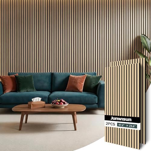 Acoustic Wall Panels, 2 Pack Wood Slat Wall Panel, Soundproof Wall Panels, 3D Textured Wall Decor for Ceiling and Wall, 47.2" x 23.6", in Oak Finish by Junwisun