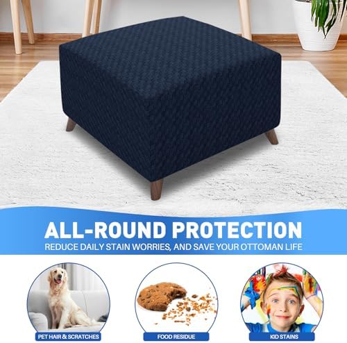 MAXIJIN Jacquard Ottoman Cover Slipcovers Folding Storage Stool Furniture Protector Cover Soft Thick Rectangle Foot Rest Slipcover with Elastic Bottom (Ottoman Large, Navy Blue) - Image 2