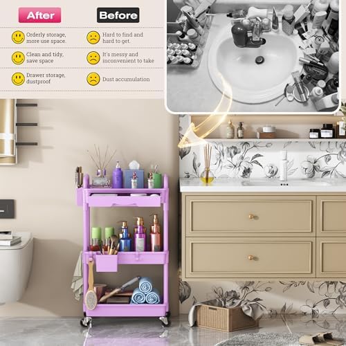 Goovilla Rolling Makeup Organizer Cart with Removable Drawer, 3 Tier Purple - Image 7