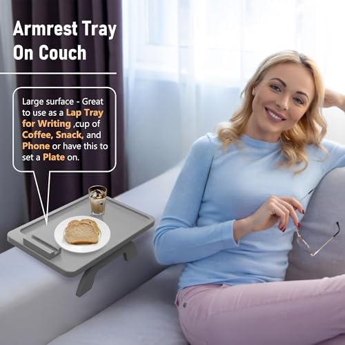 SINWANT Couch Armrest Table,Bamboo Couch Arm Tray with 360° Rotating Phone Holder,Anti Slip Foldable Sofa Arm Tray for Eating Drinking Snacks Remote on Armrest 15.35"x9.85" - Image 2