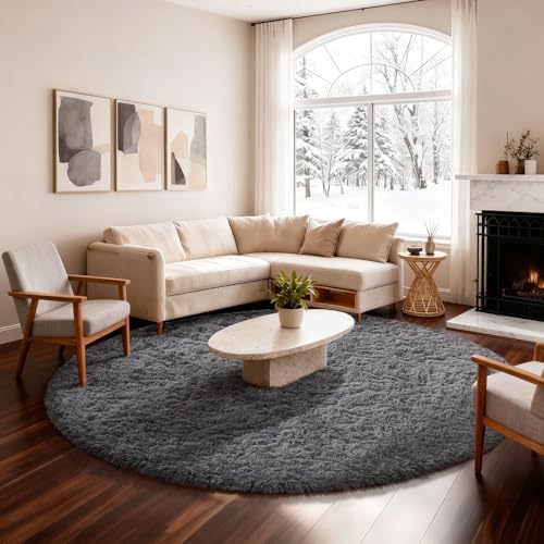 Ophanie Round Rug 6Ft Grey Circle Area Rugs,Fluffy Fuzzy Large Bedroom Carpet 6 Foot,Plush Shag Solid Indoor Floor Gray Living Room Circular Decor for Kids Teen Boys Baby,with Over 99 pcs Pile fibers by Ophanie