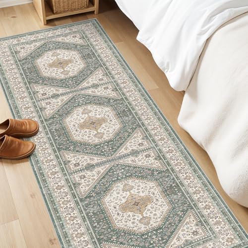 2x6 Washable Hallway Runner Rug - Non-Slip Vintage Throw Rugs Green Beige - Image 2