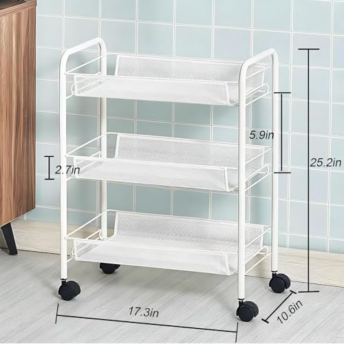 Storage Carts 3-Tier, Metal Utility Rolling Cart with Wheels, Snack Shelves, Fruit Basket Stand for Living Room, Kitchen, Office, with 360° Wheels & Hooks, White - Image 2