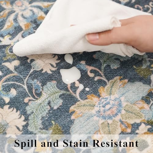 Washable 2x8 Hallway Runner Rug: Vintage Water-Resistant Kitchen Entryway Rug Ultra Soft Living Room Bedroom Carpet Non Slip Indoor Low Pile Floor Mat for Bathroom Dining Room(2x8,Floral/Blue) - Image 6