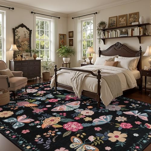 8x10 Area Rug Living Room: Soft Floral Washable Boho Carpet Black - Image 3