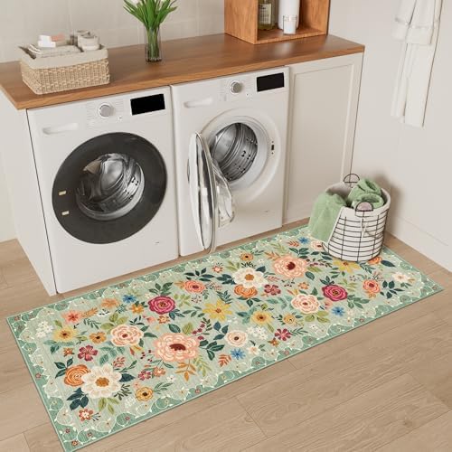 DUKINO 2x5 Runner Rug, Floral Washable Rug for Kitchen Non Slip, Green - Image 4