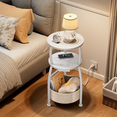 Side Table with Charging Station, Small Round End Table with Basket - Image 4