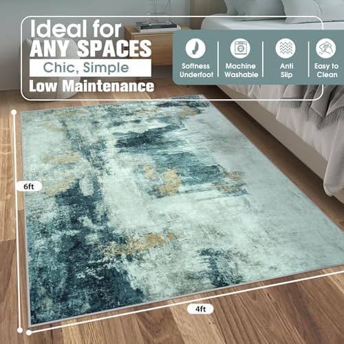 4x6 Area Rugs for Living Room Washable Bedroom Dining Room Teal Grey Gold - Image 2