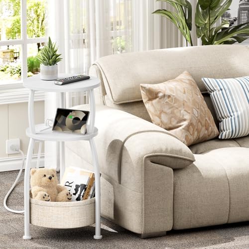 Side Table with Charging Station, Small Round End Table with Basket - Image 2