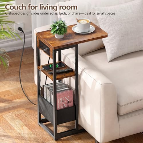 C Shaped End Table with Charging Station,3-Layer Sofa C Table Side Table, Slide Under Sofa Desk Snack Tables with Storage Bag w/AC U-S-B Port & Socket,Small Spaces Drink Tables for Living Room - Image 4