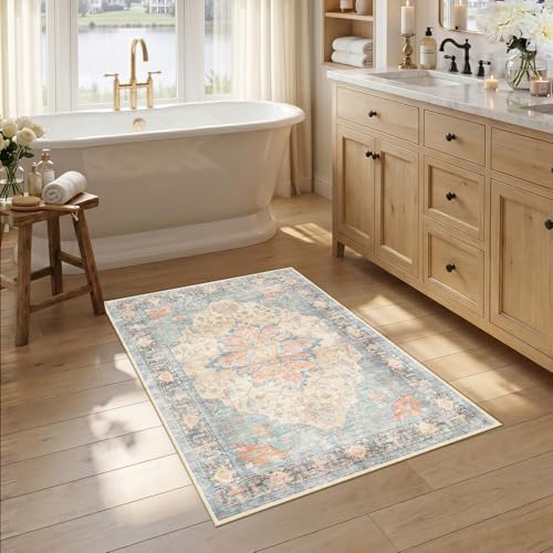 RELEANY Washable Area Rug, Small 2'6"x4', Blue/Orange/Red by RELEANY
