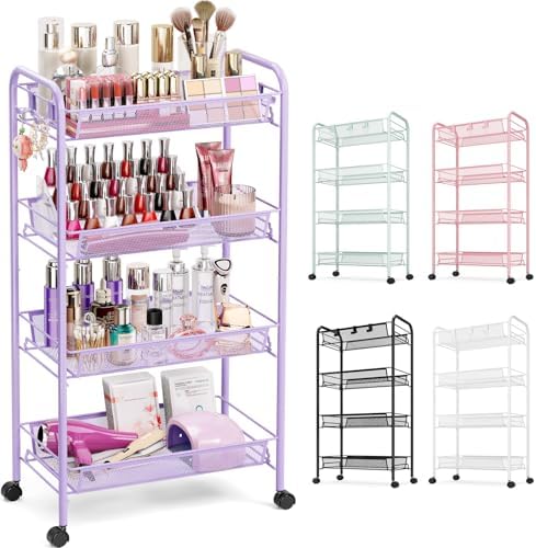 TOOLF 4 Tier Rolling Cart, Metal Utility Storage Cart with Wheels, Purple | 3 Hooks, Screwless Assembly, Trolley Organizer for Bathroom, Kitchen, Office, Nursery, Dorm, Laundry Room by TOOLF