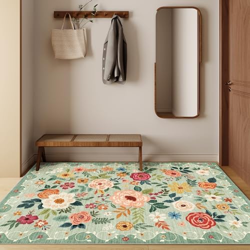DUKINO 4x6 Area Rug, Floral Washable Rug Non Slip Office Chair Mat, Green - Image 3