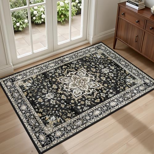 2x3 Area Rugs Living Room: Washable Rug for Bedroom Black Gold by EXPEDIX