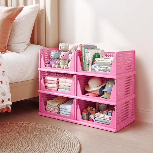 Pink Girl Closet Organizers and Storage Stackable Plastic Drawer Basket for Clothing Stackable Storage Bins Shelf Storage Container for RV Closet Wardrobe Bedroom Bathroom Playroom 6 Pack - Image 6