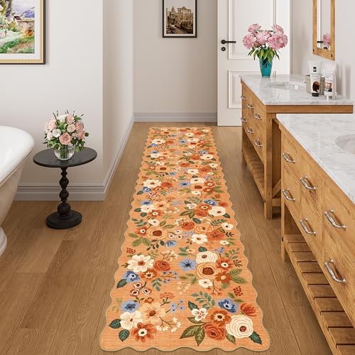 DUKINO 2x8 Washable Runner Rug, Floral Non Slip Kitchen Runner Rug, Orange - Image 3