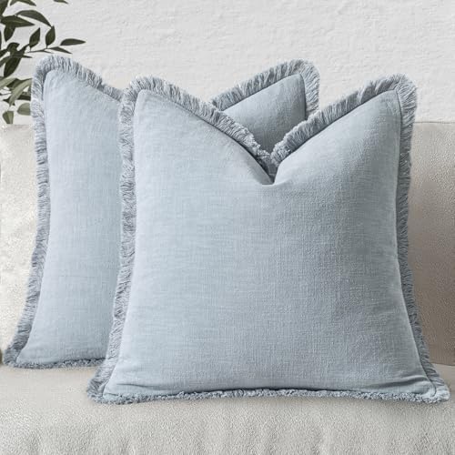 MIULEE Boho Linen Fringe Decorative Throw Pillow Covers Sky Blue 20x20 - Image 7
