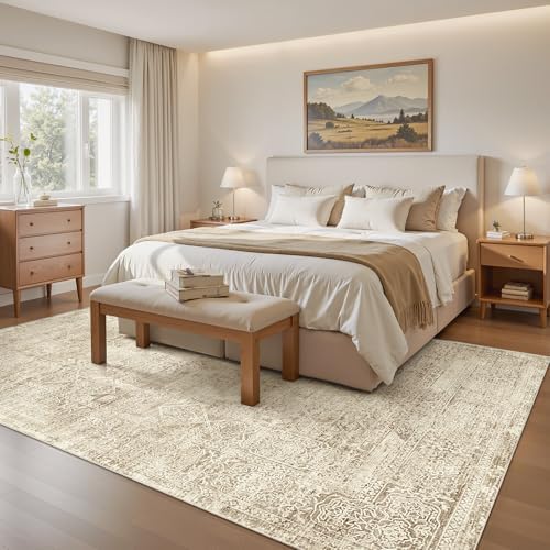 Soalmost 5x7 Area Rugs Light Brown Washable Trendy Faded Style Floral Rugs - Image 3