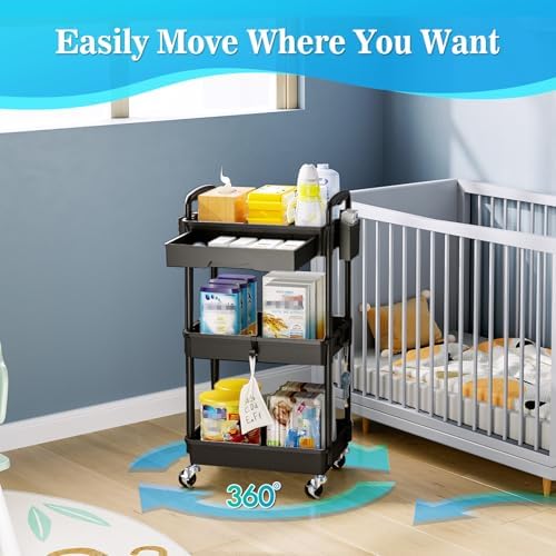 SUNALLY 3 Tier Rolling Cart with Drawer, Craft Storage Cart Organizer,Black - Image 5