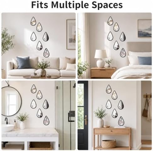 1 Set 6pcs Teardrop Mirror Wall Stickers, Self Adhesive Decorative Mirror Tiles, 5.9 x 3.5 Inch Water Drop Wall Mirror Decor for Bedroom Bathroom Living Room Entryway Modern Boho Accent - Image 5