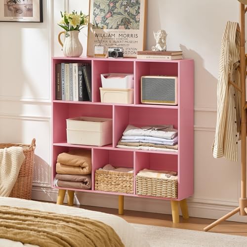 LEYAOYAO 8 Cube Bookshelf,Mid-Century Modern Bookcase with Legs,Light Pink - Image 6