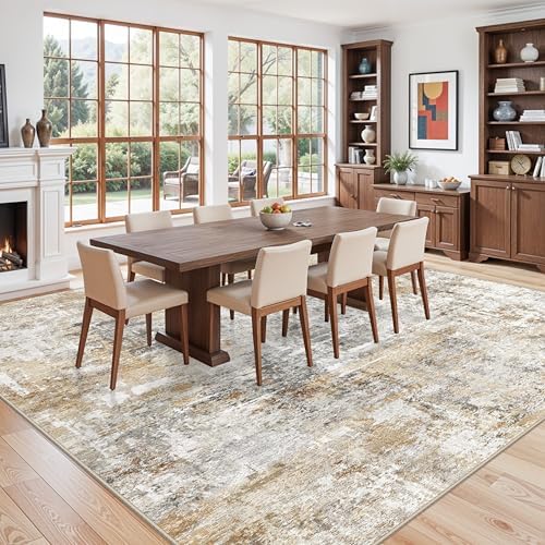 12x12ft Square Living Room Rug – Non-Slip Washable Extra Large Floor Carpet for Bedroom, Dining Room, Playroom Room – Modern Abstract Neutral Thin Low-Pile Big Indoor Rug (Gold Grey) - Image 4