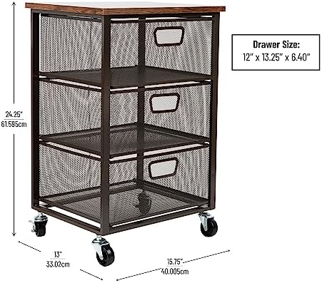 Mind Reader 3 Drawer Storage Organizer with Wood Top, Rolling Office Organizer Cabinet with Wheels, Office, Metal Mesh, Black - Image 3