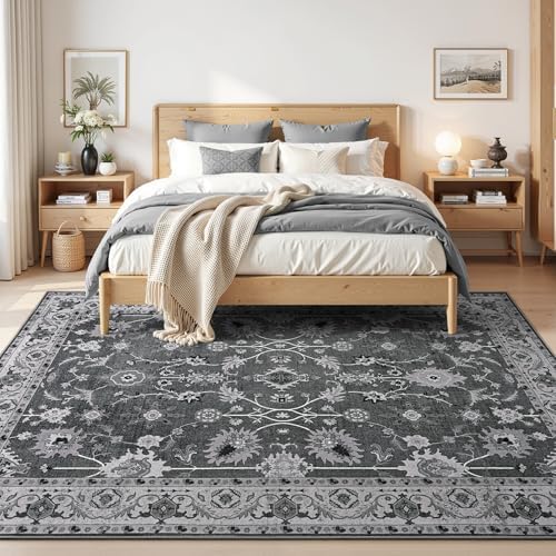 Hanples 6x9 Area Rugs for Living Room, Washable Rug Vintage Floral, Gray - Image 2