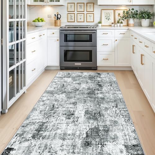 4x8 Washable Area Rug – Non-Slip Rubber Backed Indoor Rug for Entryway, Kitchen, Hallway | Modern Abstract Neutral Low Pile Thin Floor Mat for Bedroom, Living Room, Office（Grey） - Image 3