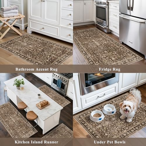 Washable Non-Skid 3 Piece Kitchen Rugs Set – Modern Boho Floral Low-Pile Area Rugs and Runner for Entryway, Bathroom, Hallway – Decorative Small Indoor Rugs (Brown, 2x3+2x4+2x5) - Image 4