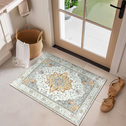 RELEANY Washable Area Rug, Small 2'x3', Beige/Carbon Grey/Orange by RELEANY