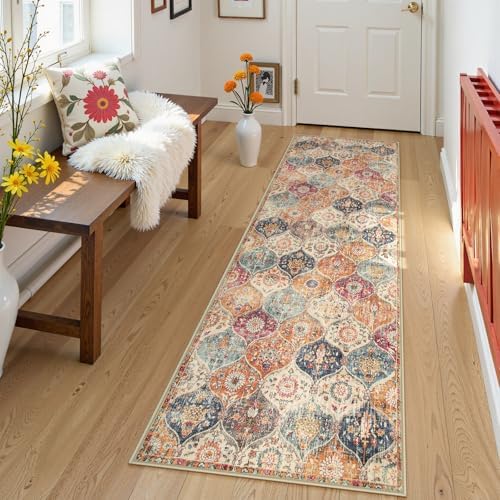 Lahome Moroccan Trellis Washable Runner Rug, 2x6 Kitchen Runners for Hallways 6 Feet Non Slip, Vintage Laundry Room Rug Ultra-Thin Carpet for Bathroom Bedroom Entryway Elise, Cream/Multi by Lahome