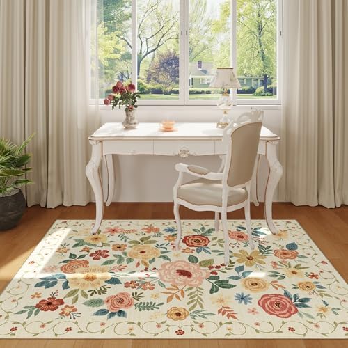 DUKINO 3x5 Area Rug, Floral Washable Rug for Bedroom Non Slip, Beige Yellow - Image 3