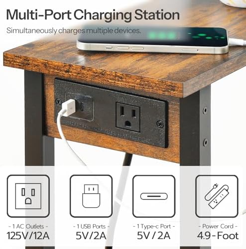 HOOBRO Narrow Side Table, 2-Tier Slim End Table with Charging Station, Skinny Nightstand with Open Storage, for Small Spaces, Living Room, Bedroom, Study, Rustic Brown and Black BF240UBZ01 - Image 6