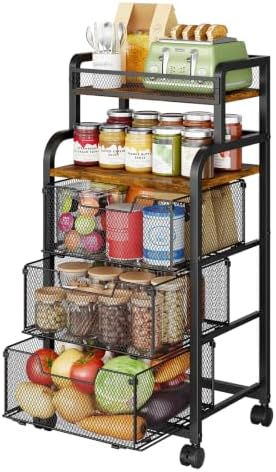 Kitchen Storage Cart with Wheels, Fruit Vegetable Spice Kitchen Rolling Cart, 4 Tier Pantry Organizer and Storage Cart with Drawer, Wooden Top Kitchen Organizer Rack Stand for Onion Potato Can Snack by FollowWithYociyogaTogether