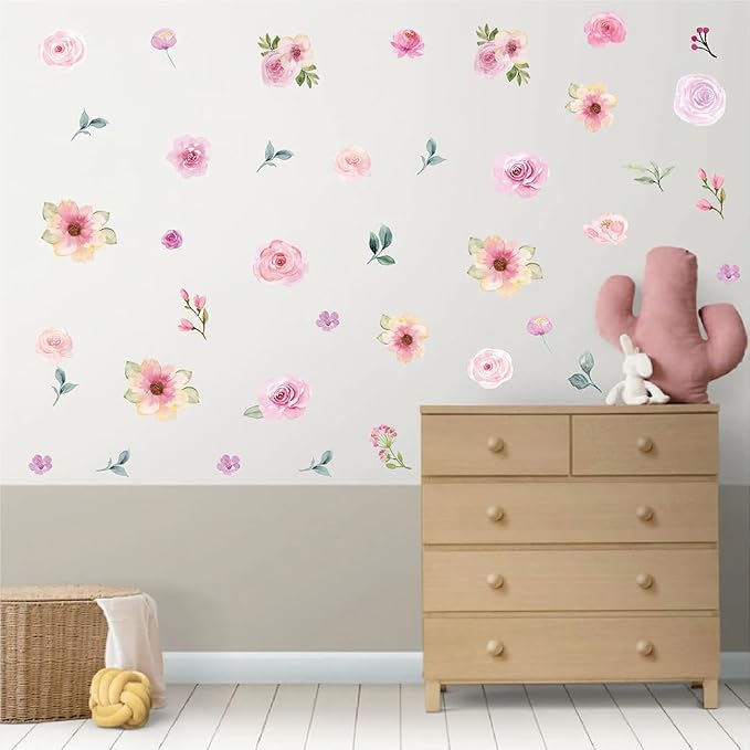 120+ PCS Aesthetic Peel & Stick Watercolor Pink Flower Wall Decals Set | 8 Sheets Removable Rose & Peony Floral Wall Stickers for Bedroom, Girls Room, Living Room & Wedding Backdrops Decor by Qaxrocyn
