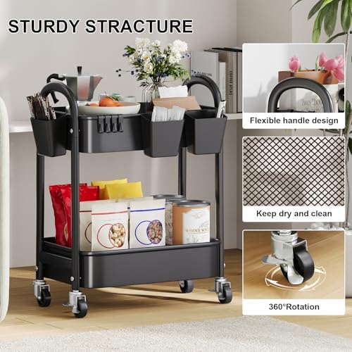 2 Tier Rolling Cart Metal on Wheels,Two Tiered Short Side Table with Wheels - Image 6