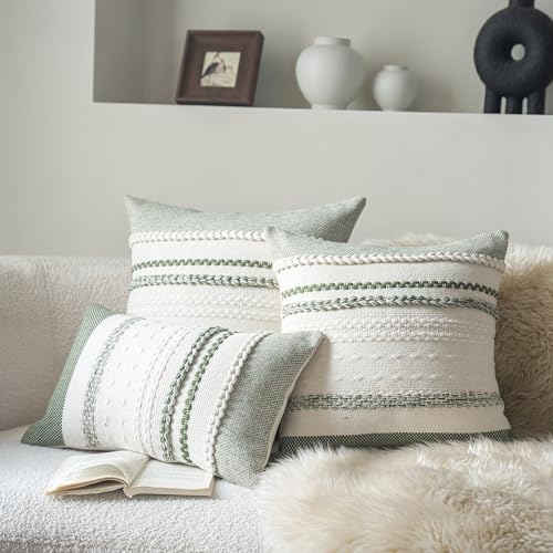 Cethom Boho Throw Pillow Covers 18x18 Inch Set of 2, Green Textured Decorative Couch Pillow Cases for Farmhouse Home Decor, Accent Cushion Cover for Sofa, Bed, Living Room, Bedroom - Image 2