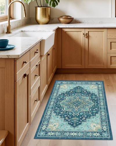 AMADA HOMEFURNISHING 2x3 Washable Entry Rug, Vintage Distress Print Pattern Carpet Small Rugs for Entryway Kitchen Bathroom Door Mat Indoor Entrance, Teal Blue - Image 2