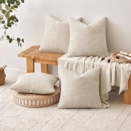 MIULEE Soft Decorative Chenille Euro Pillow Covers Cream 24x24 Pack of 4 - Image 4
