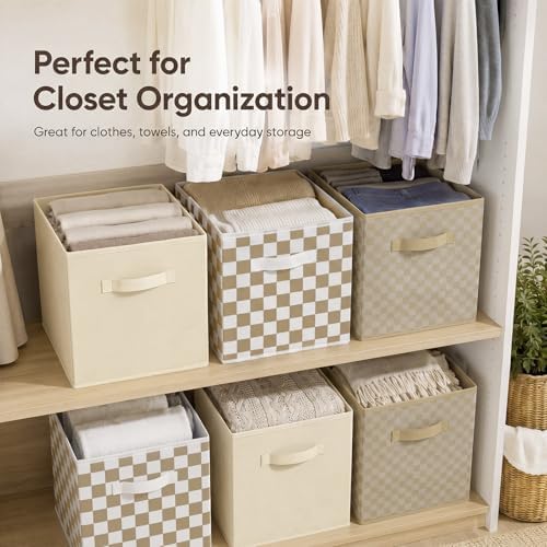 Chunful 6 Pcs 11 Inch Checkered Fabric Cube Storage Bin Brown White Plaid - Image 5