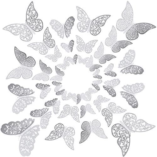 Bememo 72 Pcs 3D Butterfly Wall Decals, 3 Sizes,Silver | Metallic Hollow Design for Bedroom Living Room, Removable Adhesive Wall Decor, Easy Peel Stick Party Decoration Stickers - Image 4