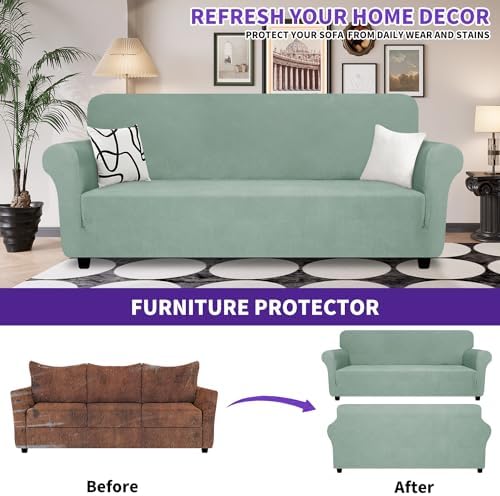 ZNSAYOTX Oversized Super Stretch Couch Cover (92"-115"), New Striped Sofa Covers Comfortable & Durable, Dog Cat Pets Friendly Extra Large Spandex Sofa Slipcovers (Pea Green, XL Sofa) - Image 3