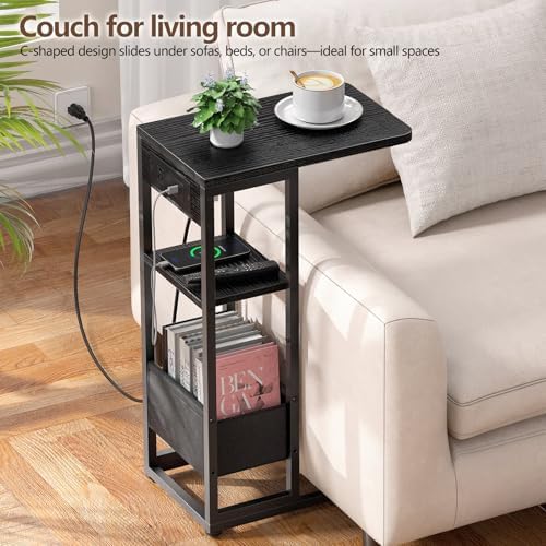 C Shaped End Table with Charging Station, Small Side Table for Couch Recliner, Slide Under Sofa Desk Snack Tables with Storage Bag & AC / USB Outlet, Small Spaces Drink Tables for Living Room, Bedroom - Image 4