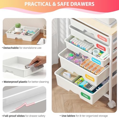 Goovilla Rolling Cart with 5 Drawers for Craft, Art, Dorm, Office, White - Image 3