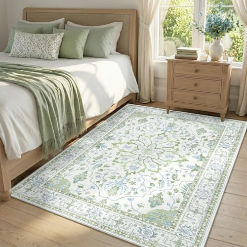 RELEANY Washable Area Rug, 4'x6', Green/White/Blue - Image 3
