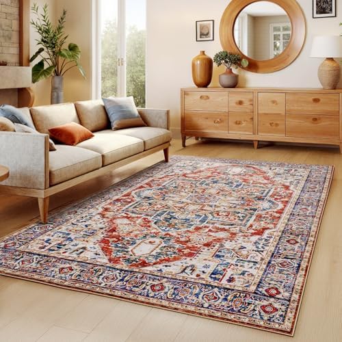 AMADA HOMEFURNISHING 5x7 Area Rugs, Washable Living Room Rug Low-Profile with Non-Slip Backing & Durable Edge Binding, Vintage 5x7 Rugs for Living Room, Bedroom, Dinning Room by AMADAHOMEFURNISHING